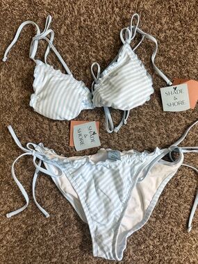 Sm top, med bottom Shade & Shore Pale Blue and White Striped Tie Bikini